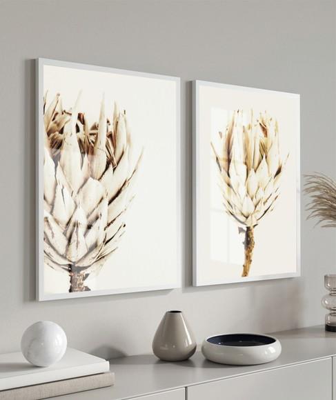 Quadros Decorativos Flores Folhagem Bege Com Moldura E Vidro