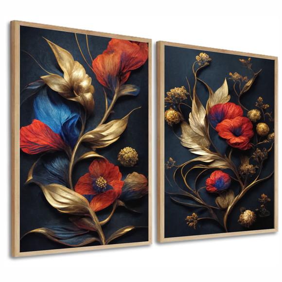 Quadros Decorativos Flores Douradas Vermelhas Com Moldura