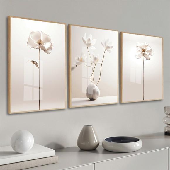 Quadros Decorativos Flores Modernas Bege com Moldura e Vidro