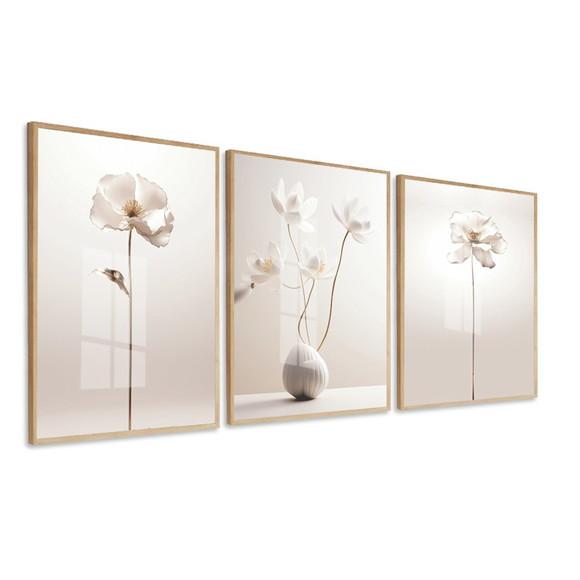 Quadros Decorativos Flores Modernas Bege com Moldura e Vidro