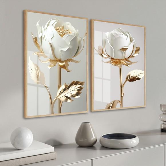 Quadros Decorativos Flores Modernas Douradas Moldura e Vidro