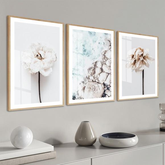 Quadros Decorativos Flores Paisagem Mar com Moldura e Vidro