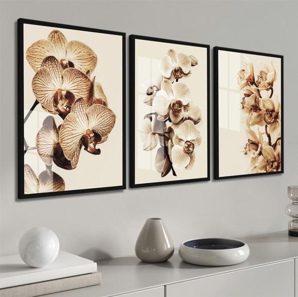 Quadros Decorativos Flores Orquídea Bege Com Moldura E Vidro