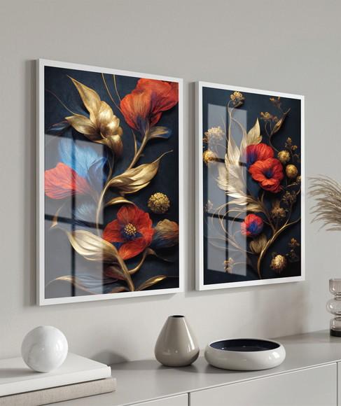 Quadros Decorativos Flores Vermelhas Dourada Moldura E Vidro