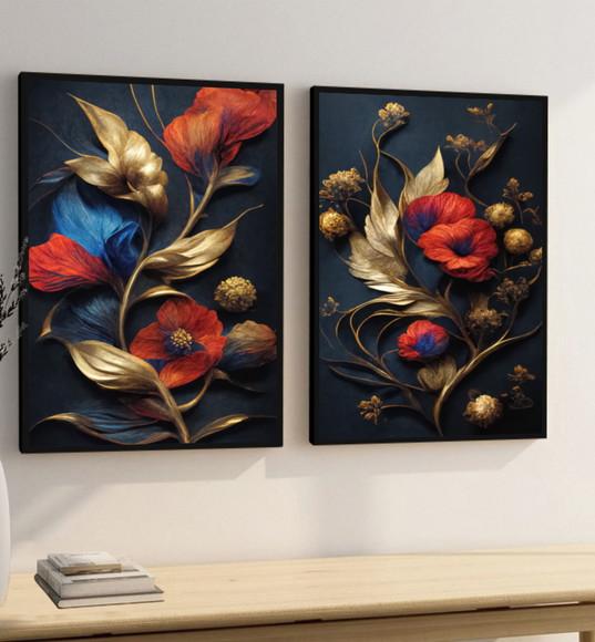 Quadros Decorativos Flores Vermelhas Douradas Com Moldura