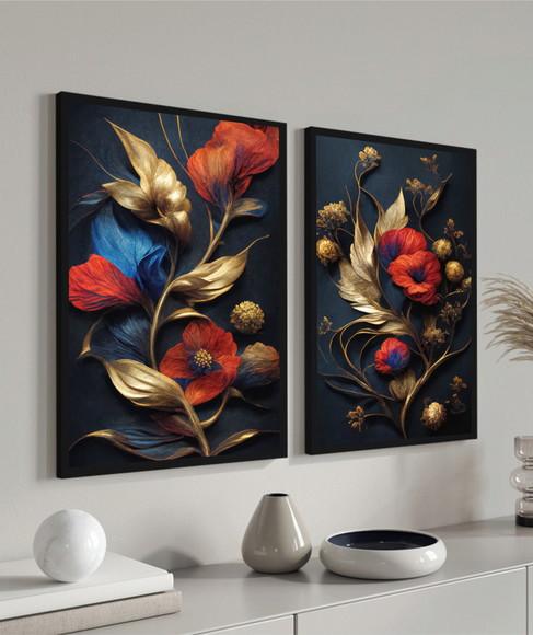 Quadros Decorativos Flores Vermelhas Douradas Com Moldura