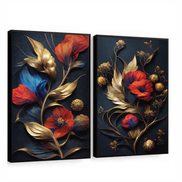 Quadros Decorativos Flores Vermelhas Douradas Com Moldura