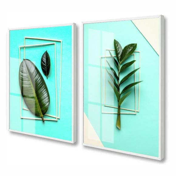 Quadros Decorativos Folhagem Abstrato Azul Moldura e Vidro