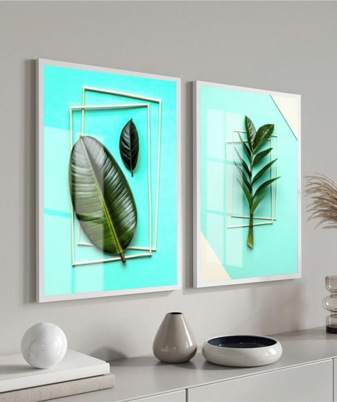 Quadros Decorativos Folhagem Abstrato Azul Moldura e Vidro