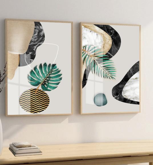 Quadros Decorativos Folhagem Abstrato Gold Moldura E Vidro