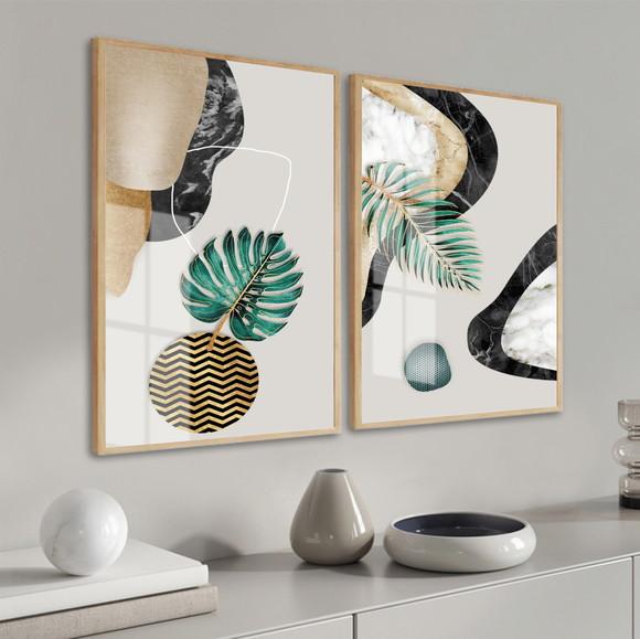 Quadros Decorativos Folhagem Abstrato Gold Moldura E Vidro