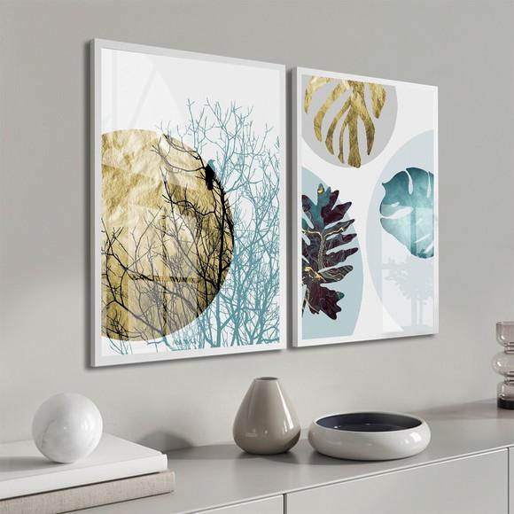 Quadros Decorativos Folhagem Azul Modernos Moldura e Vidro