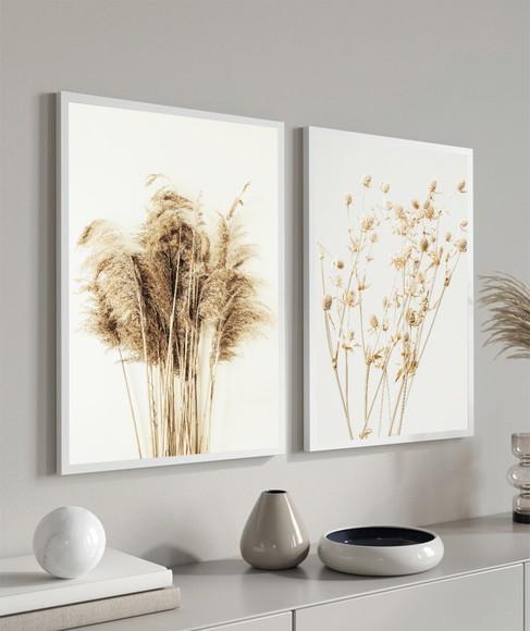 Quadros Decorativos Folhagem Bege Flor Paisagem Com Moldura