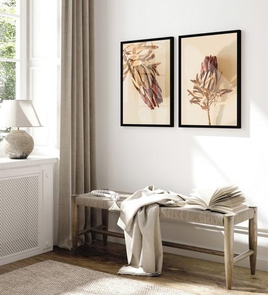 Quadros Decorativos Folhagem Bege Flores Boho Moldura Vidro