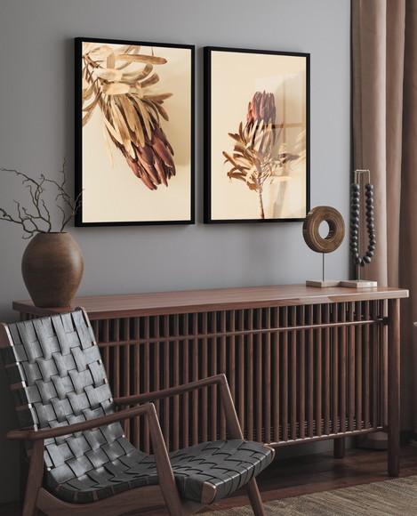 Quadros Decorativos Folhagem Bege Flores Boho Moldura Vidro