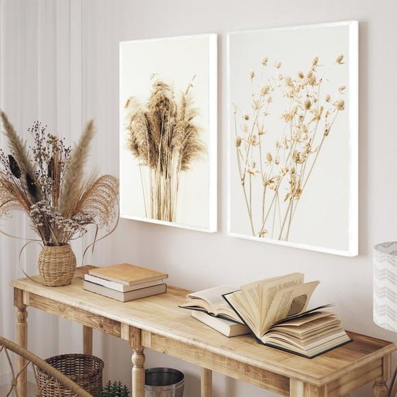 Quadros Decorativos Folhagem Bege Flor Paisagem Com Moldura