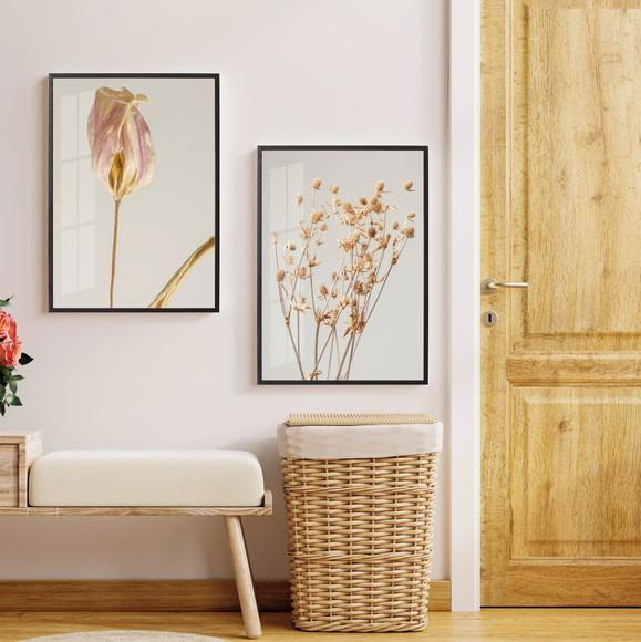 Quadros Decorativos Folhagem Bege Para Sala Moldura e Vidro