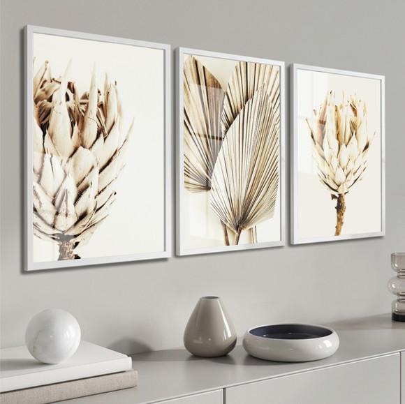 Quadros Decorativos Folhagem Bege Para Sala Moldura E Vidro