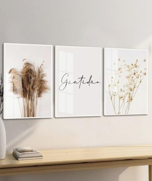 Quadros Decorativos Folhagem Boho Gratidão Moldura e Vidro