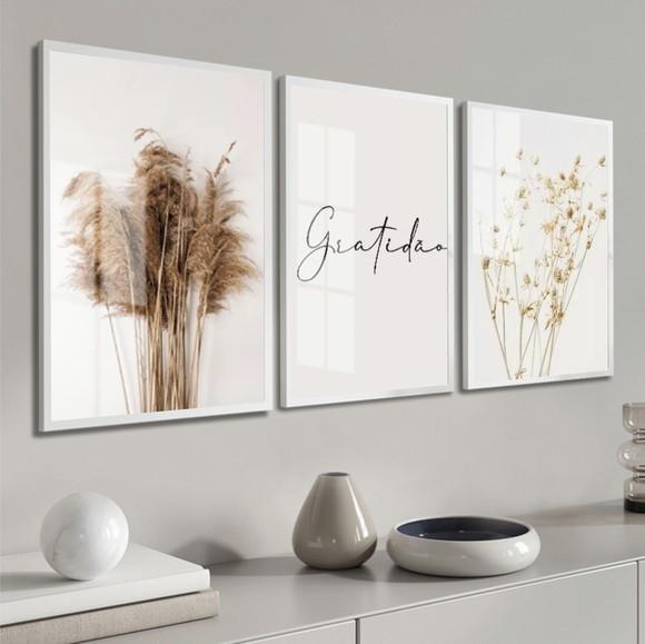 Quadros Decorativos Folhagem Boho Gratidão Moldura e Vidro