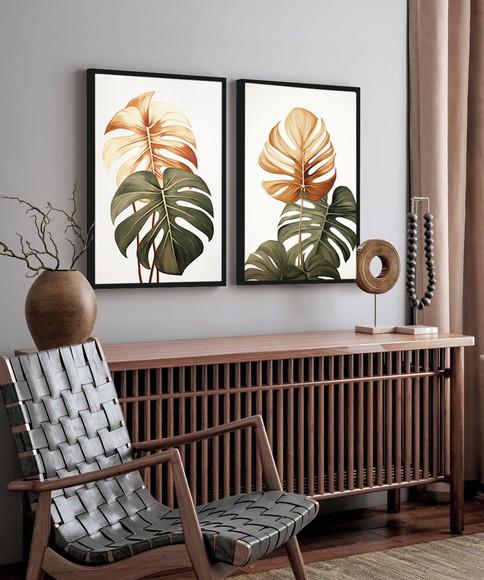 Quadros Decorativos Folhagem Costela de Adão com Moldura