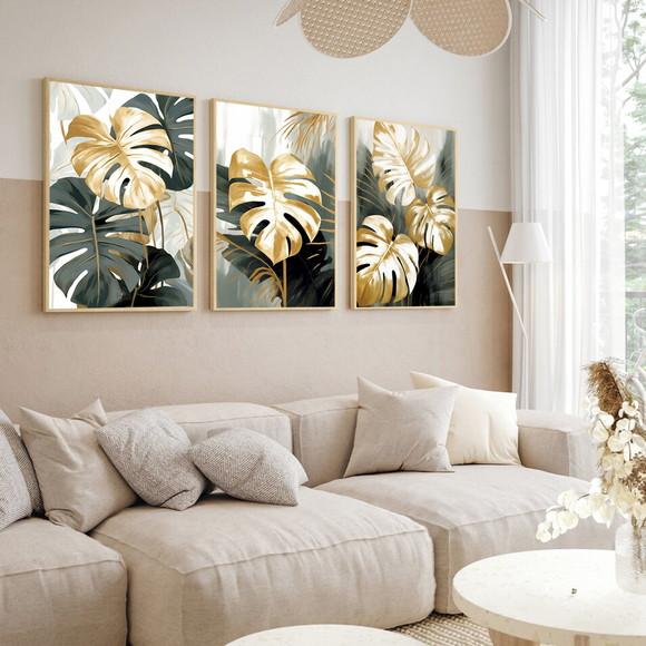 Quadros Decorativos Folhagem Costela de Adão Dourada Moldura