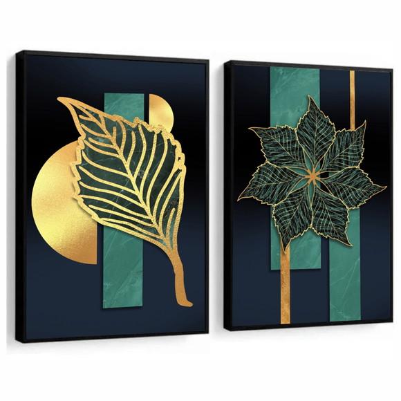 Quadros Decorativos Folhagem Dourada Abstrato Com Moldura