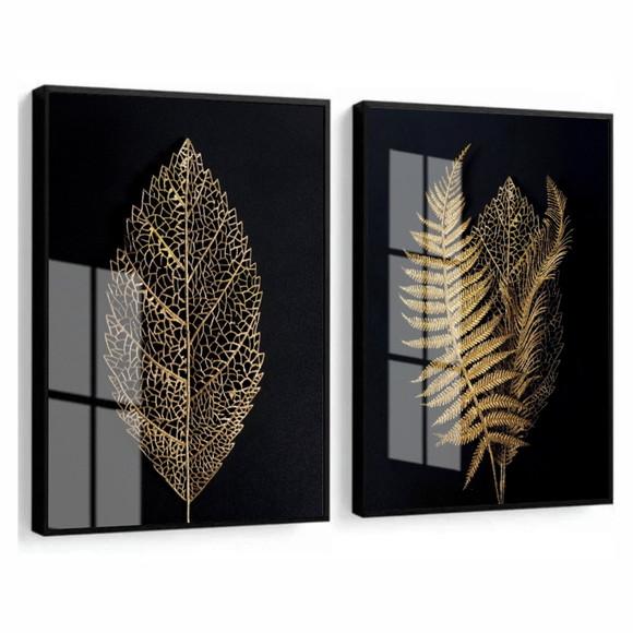 Quadros Decorativos Folhagem Dourada Moderno 60 x 80 Vidro