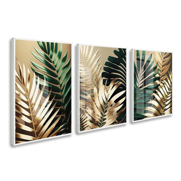Quadros Decorativos Folhagem Dourada e Verde Moldura e Vidro