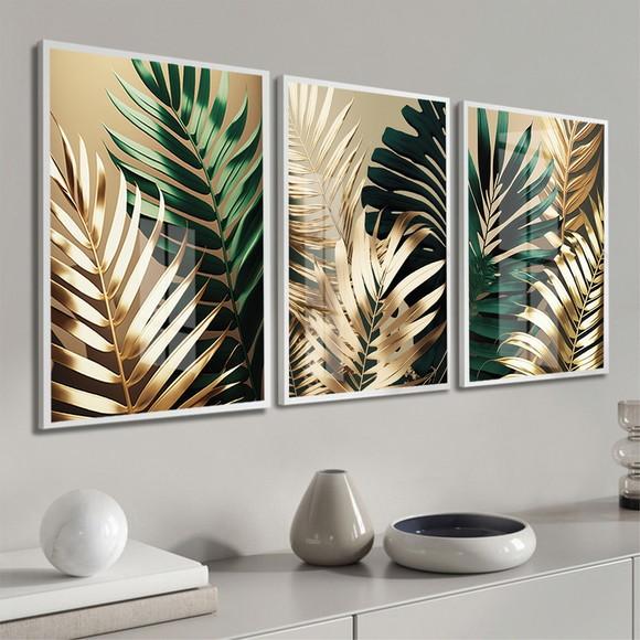 Quadros Decorativos Folhagem Dourada e Verde Moldura e Vidro