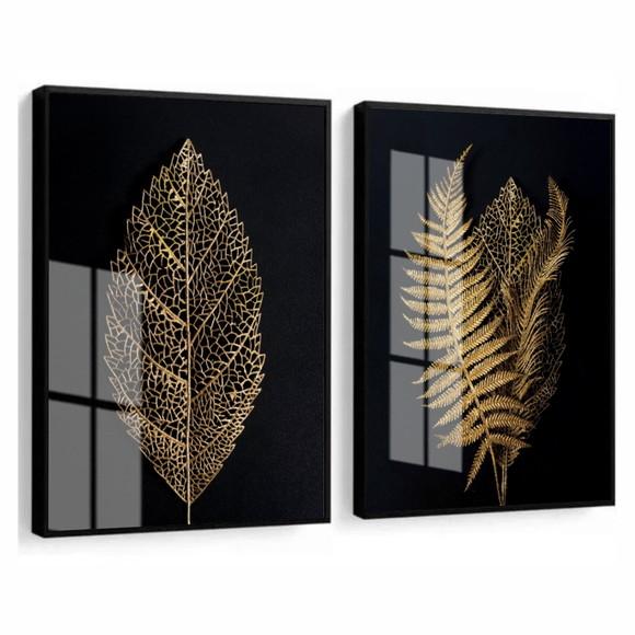 Quadros Decorativos Folhagem Dourada Moderno Moldura e Vidro