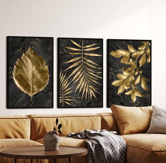 Quadros Decorativos Folhagem Dourada Quarto Sala Com Moldura