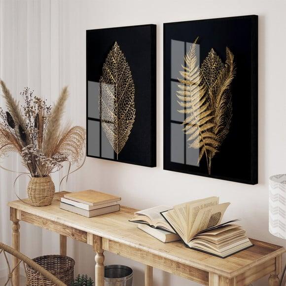 Quadros Decorativos Folhagem Dourada Moderno Moldura e Vidro