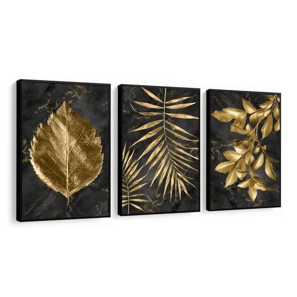 Quadros Decorativos Folhagem Dourada Quarto Sala Com Moldura