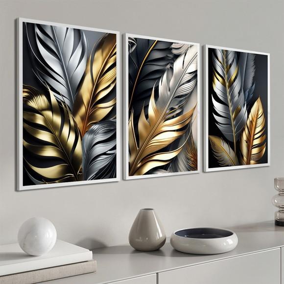 Quadros Decorativos Folhagem Douradas Gold para Sala Moldura