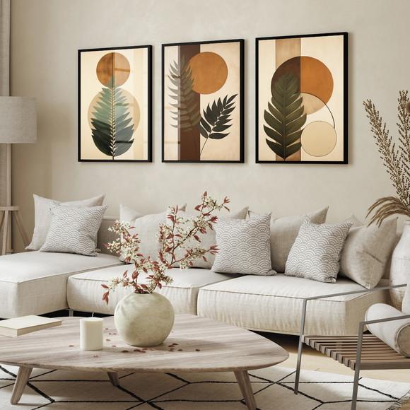 Quadros Decorativos Folhagem Marrom Boho Moderno com Vidro