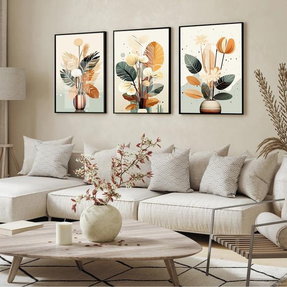 Quadros Decorativos Folhagem Moderna Sala com Moldura Vidro