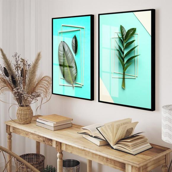 Quadros Decorativos Folhagem Verde Abstrato Moldura e Vidro