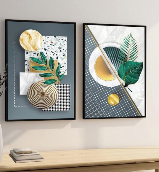 Quadros Decorativos Folhagem Verde Dourada Gold com Moldura