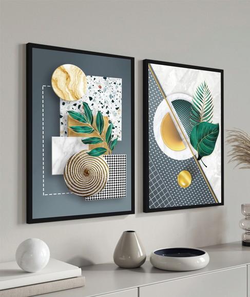 Quadros Decorativos Folhagem Verde Dourada Gold com Moldura