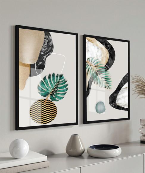 Quadros Decorativos Folhagem Verde Dourada Moldura E Vidro