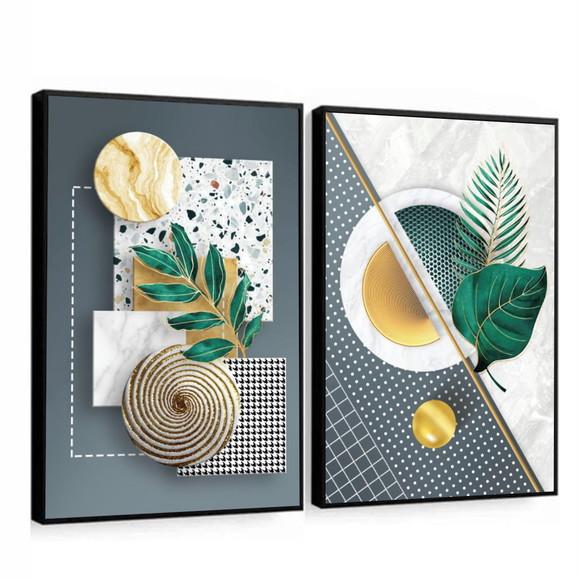 Quadros Decorativos Folhagem Verde Dourada Gold com Moldura
