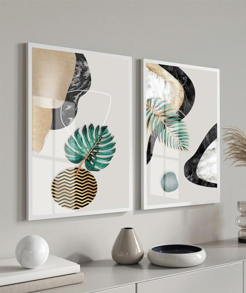 Quadros Decorativos Folhagem Verde Dourado Moldura E Vidro