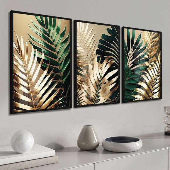 Quadros Decorativos Folhagem Verde e Dourada Moldura e Vidro