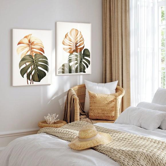 Quadros Decorativos Folhas Costela de Adão com Moldura Vidro
