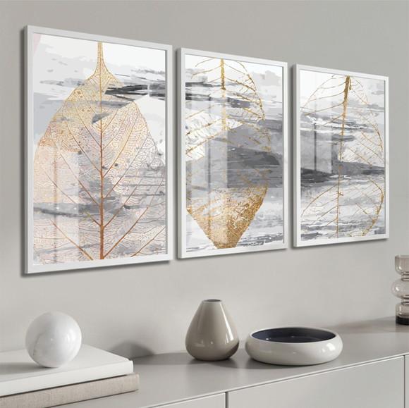 Quadros Decorativos Folhas Douradas Abstrato Moldura e Vidro