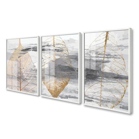 Quadros Decorativos Folhas Douradas Abstrato Moldura e Vidro