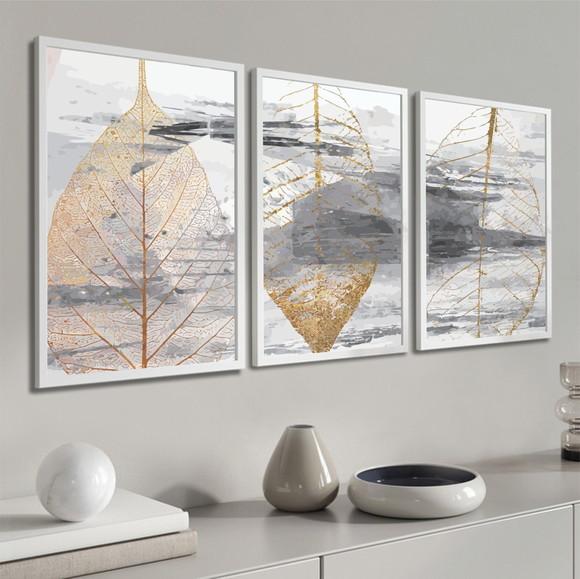 Quadros Decorativos Folhas Douradas Quarto Sala com Moldura
