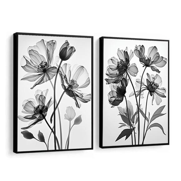 Quadros Decorativos Folhas Preto e Branco Moldura e Vidro