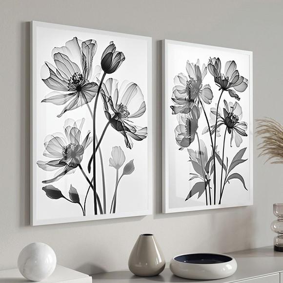Quadros Decorativos Folhas Preto e Branco Moldura e Vidro